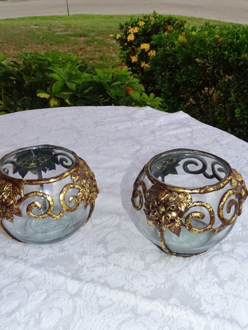 Pair of Round Clear Glass Bowls with Antiqued Gold Accents